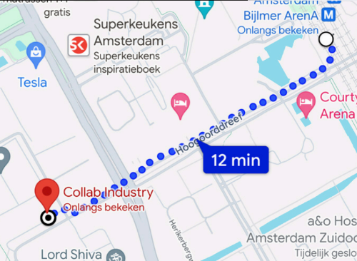 Map showing a route from Collab Industry to Station Bijlmer ArenA Amsterdam with a duration of 12 minutes.